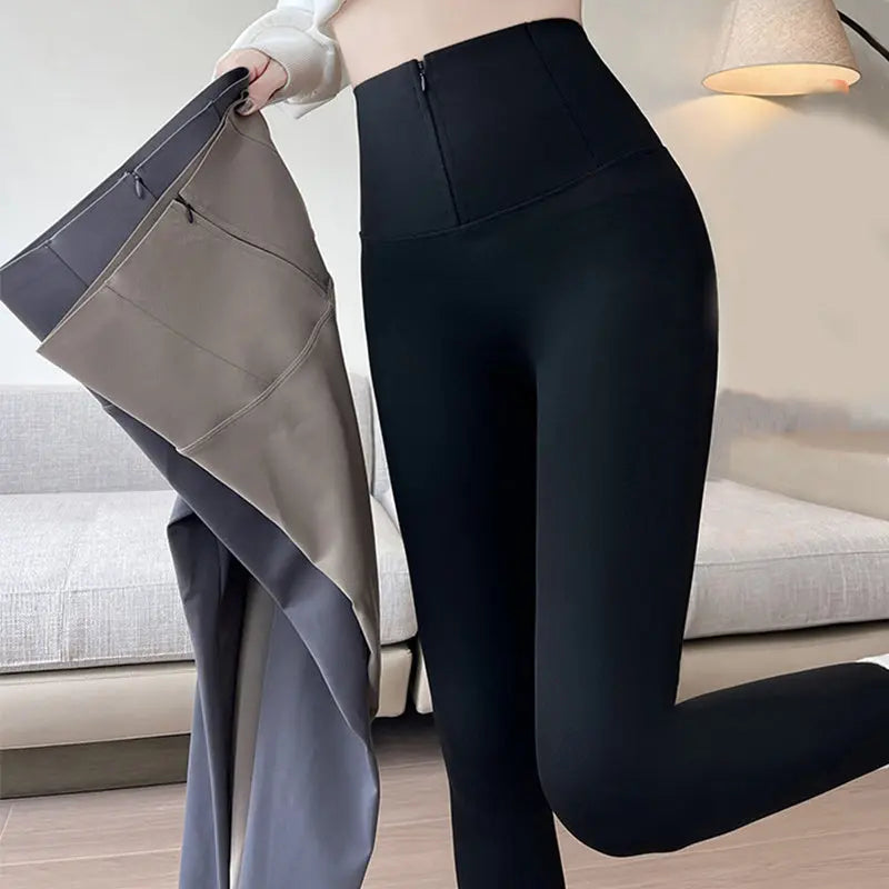 Belly-controlling Butt Lifting Leggings With Three-breasted Design Winter High Waist Slim Zippere Pants Warm Velvet And Thickened Trousers Women Clothing 
