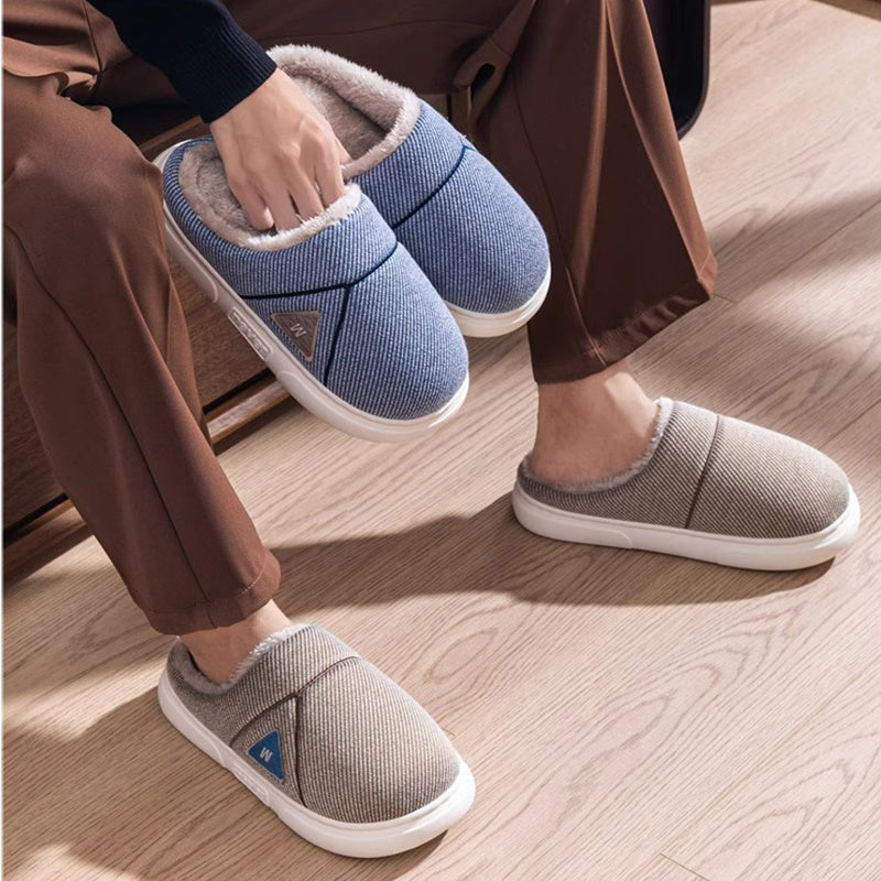 Solid Striped Home Slippers Winter Warm Fleece Shoes