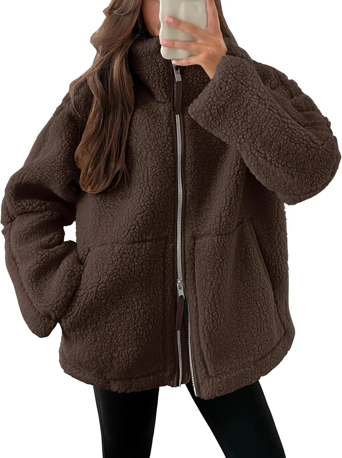 Winter Lapel Zip-up Coat With Pockets Casual Fashion 