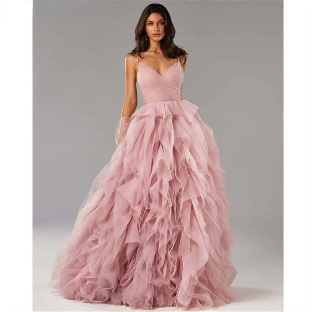 Evening Gown Prom Irregular Spaghetti-strap Mesh Long Dress 