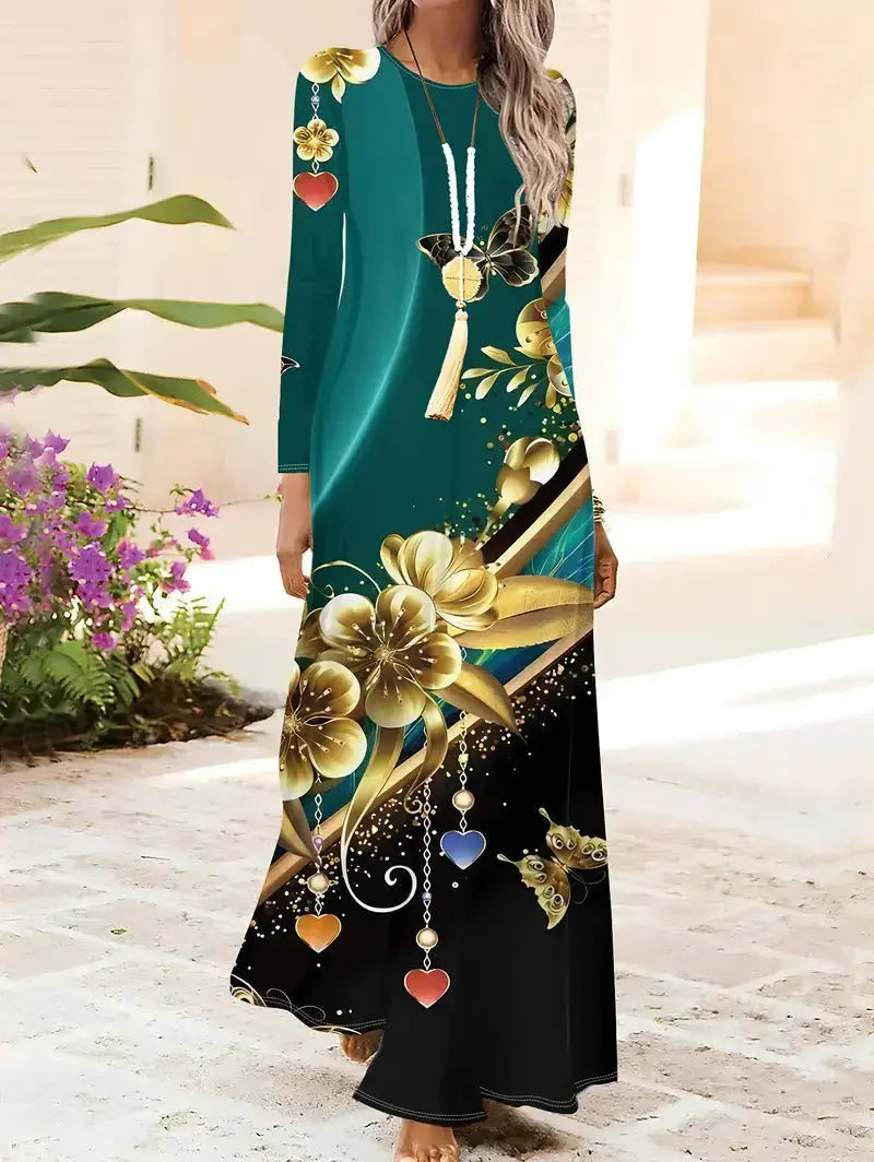 European And American Long Sleeve Artistic Retro Geometric Printed Round Neck Pullover Dress 