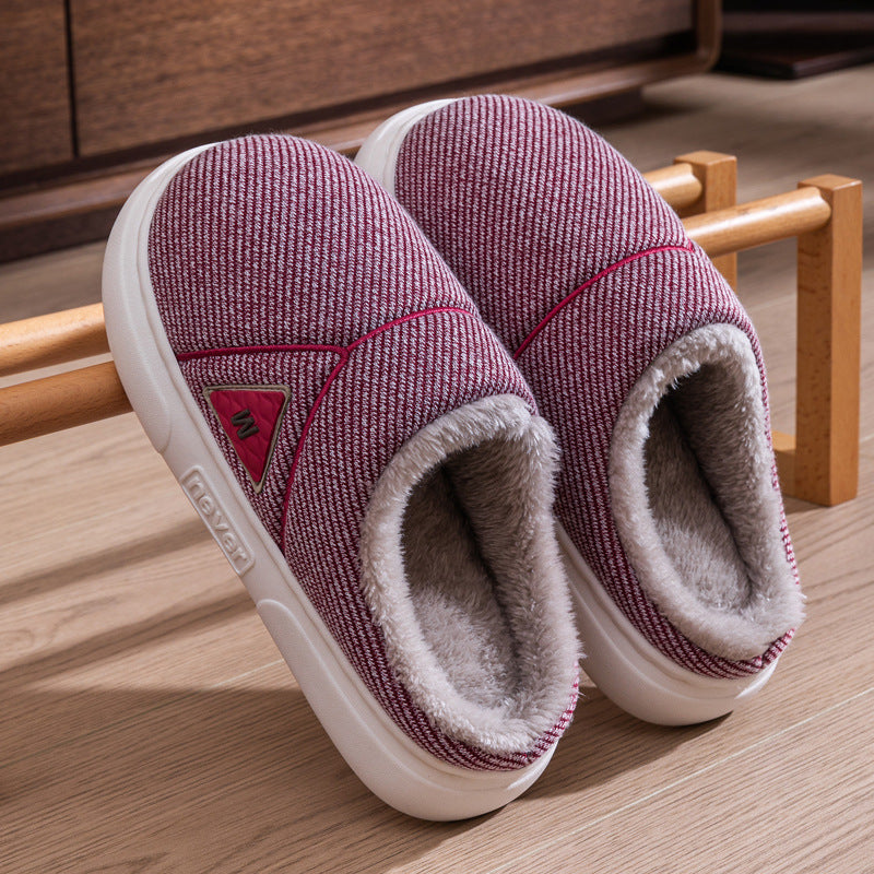 Solid Striped Home Slippers Winter Warm Fleece Shoes