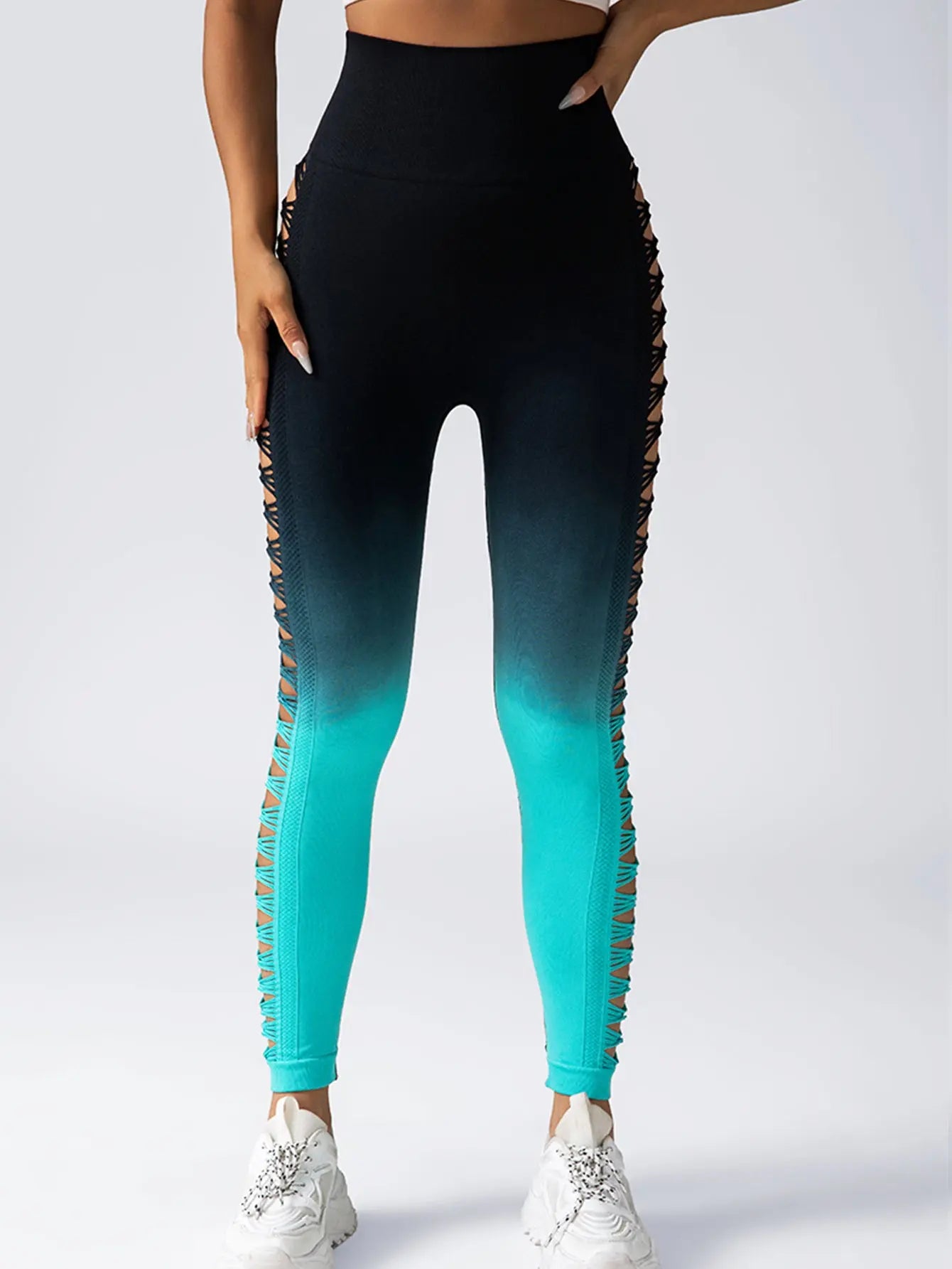 Women's High-Waisted Gradient Yoga Pants, Cutout Leggings, Booty Lifting, Athletic Long Tights For Fitness Workout, Breathable Sportswear 