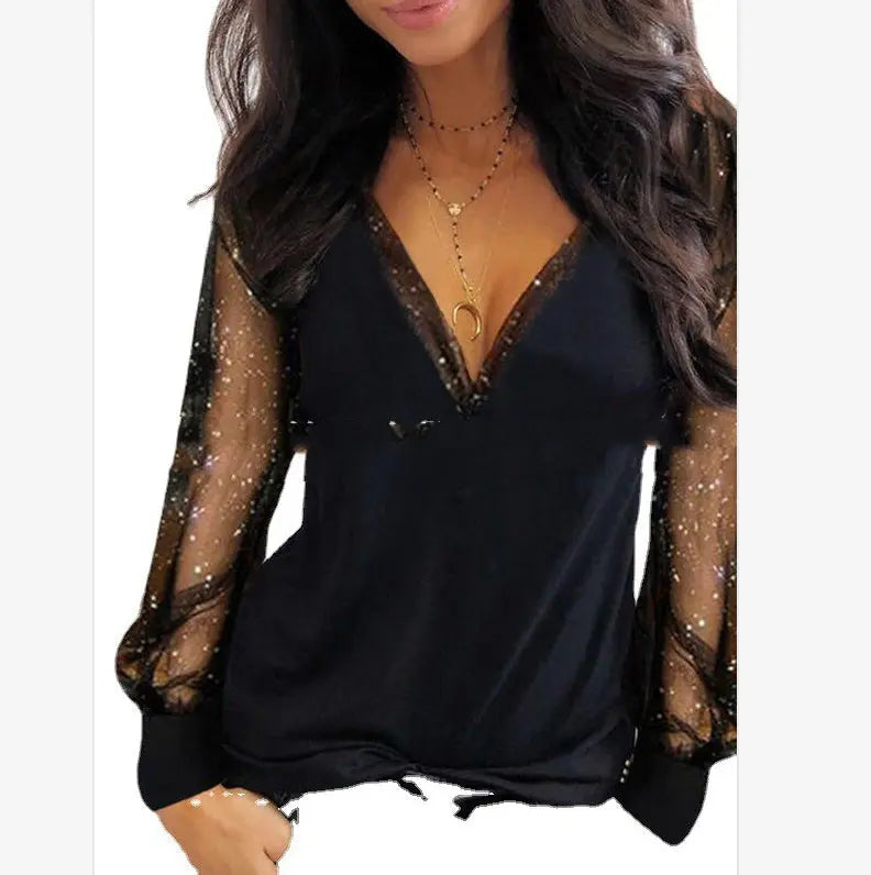 Elegant Top Stitching Mesh Silver Spray V-neck Pullover 