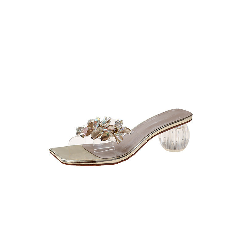 Flower Word Style Transparent Crystal Profiled High Heel Slippers