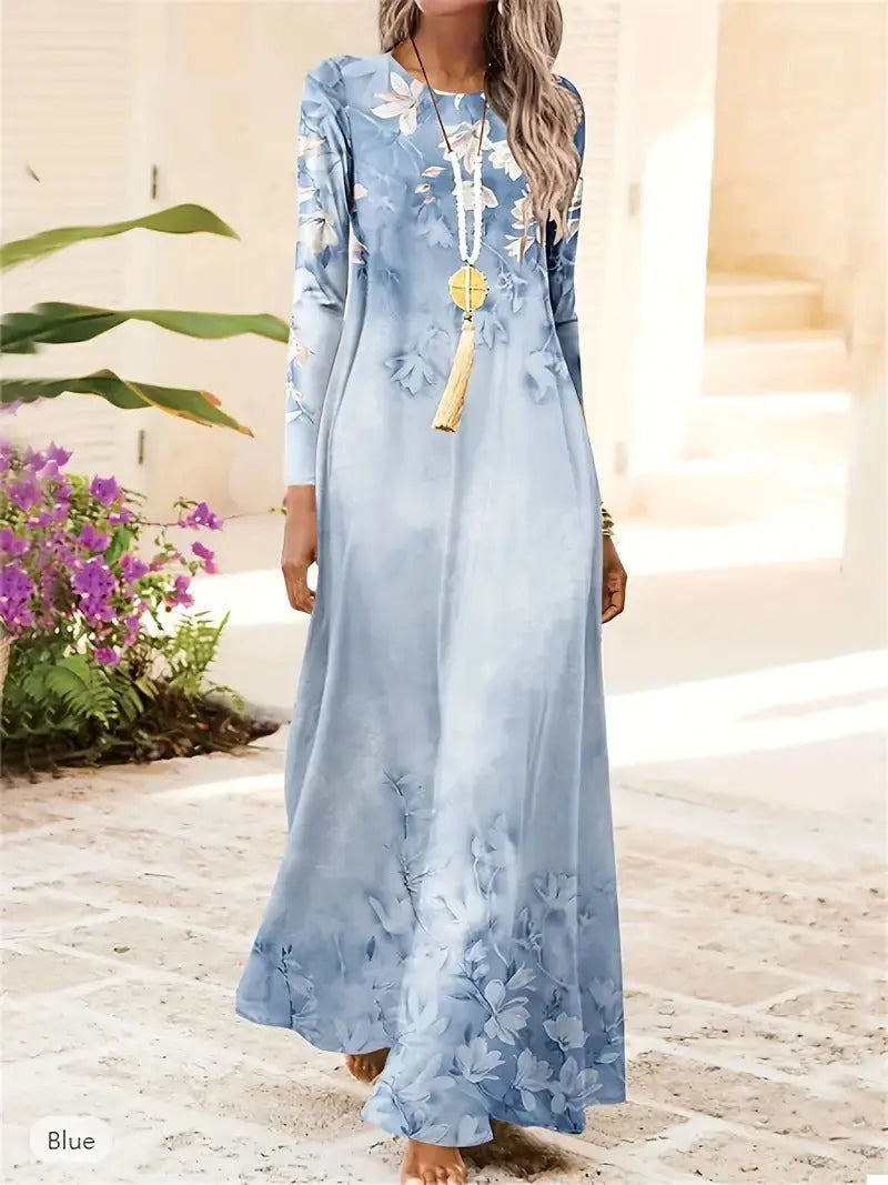 European And American Long Sleeve Artistic Retro Geometric Printed Round Neck Pullover Dress 