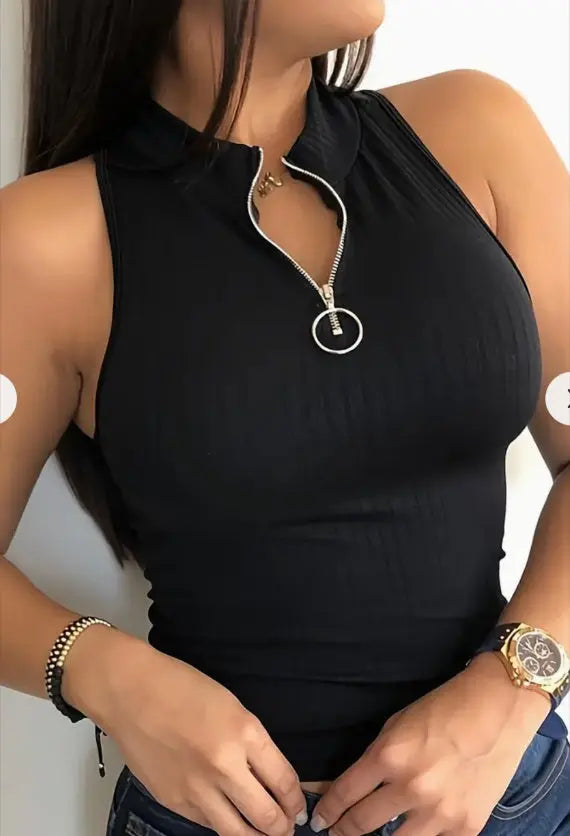 Solid Color Zip Up Tank Top, Casual Sleeveless Top For Spring & Summer, Women's Clothing 