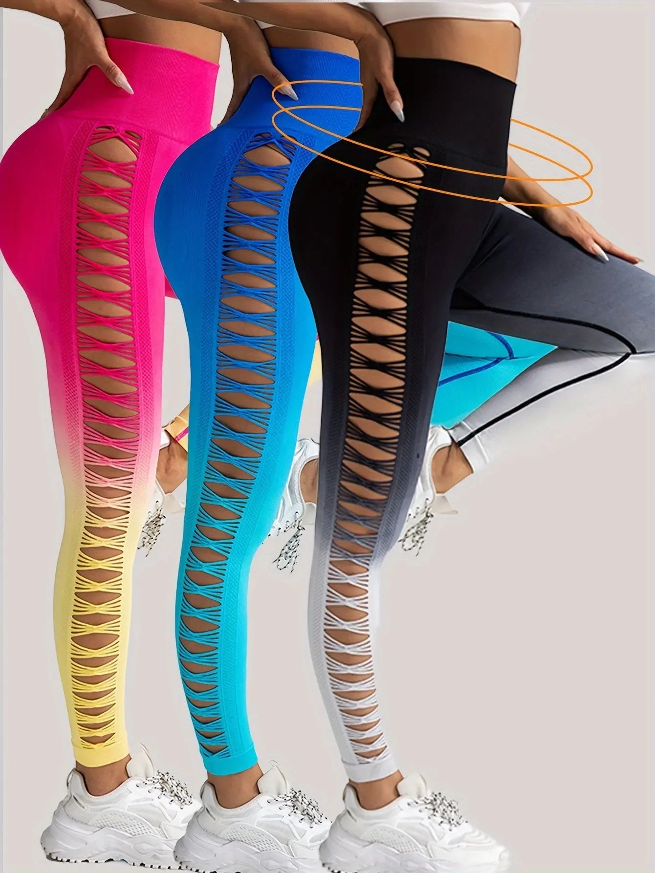 3 Pack Women's Gradient Color Butterfly Hollow High Waist Butt Lifting Long Fitness Pants 