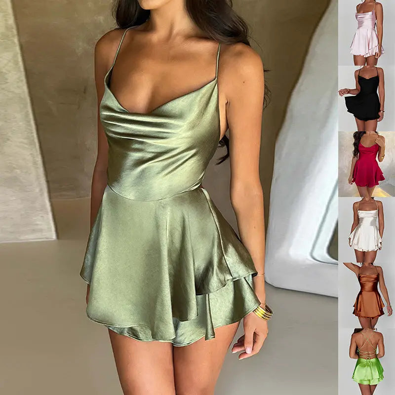 Sexy Suspender Skirt For Women Elegant Slim Strap Satin Backless Lace Up A-Line Short Dress Lady 