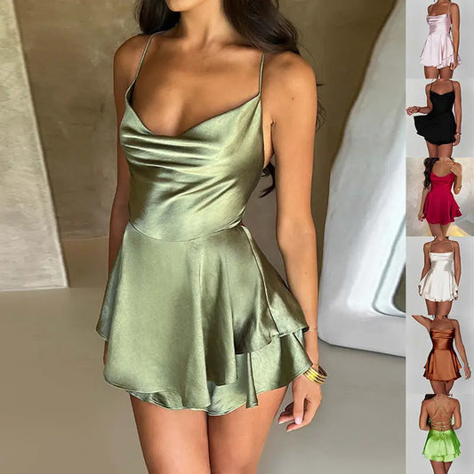 Sexy Suspender Skirt For Women Elegant Slim Strap Satin Backless Lace Up A-Line Short Dress Lady 