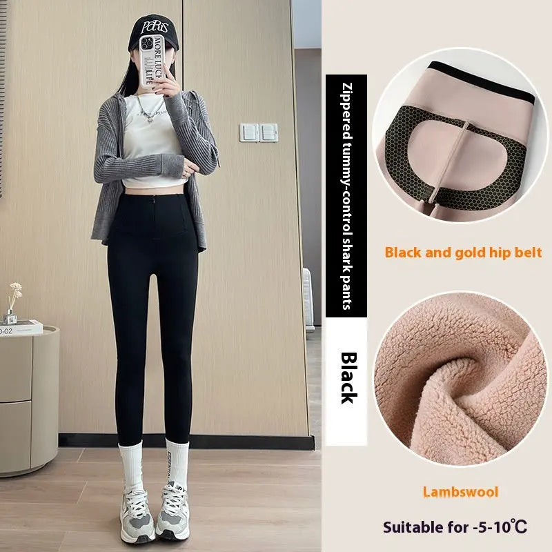 Belly-controlling Butt Lifting Leggings With Three-breasted Design Winter High Waist Slim Zippere Pants Warm Velvet And Thickened Trousers Women Clothing 