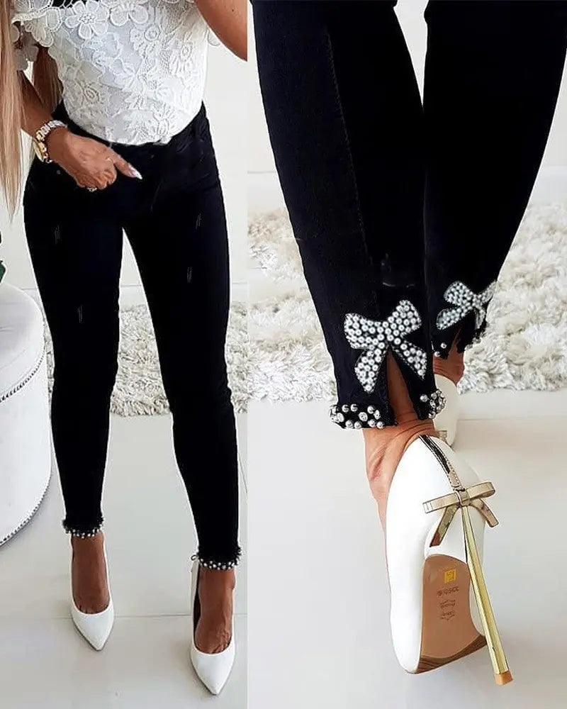 Slim Jeans Women Butterfly Sticky Flower Beaded Split Trousers 