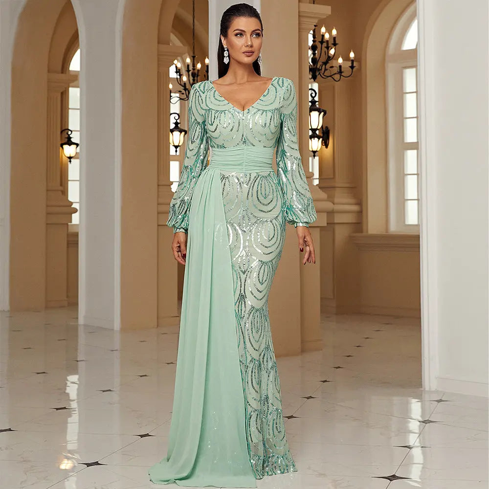Long Sleeve Sexy Long Sequined V-neck Banquet Ribbon Evening Dress 