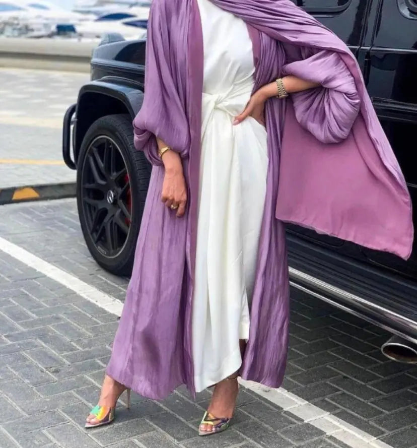 Eid Muslim Abaya Dress Kimono For Women Fashion Shining Silklike Summer Abayas Cardigan Puff Sleeve Dubai Turkey Clothes 