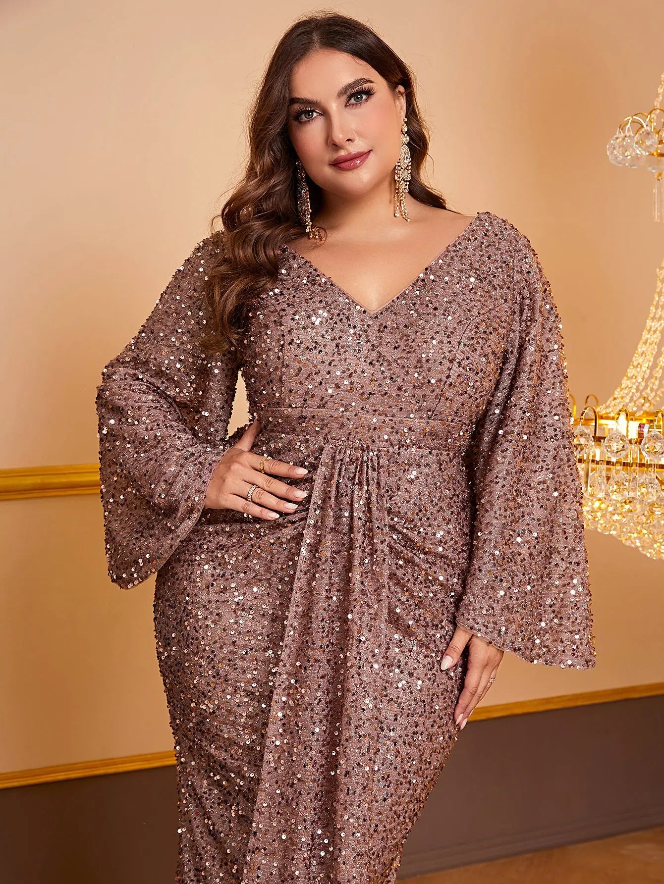 Women's Sequin Long Sleeved V-neck Pleated Dress 