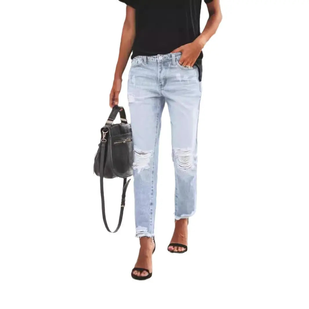 Women's Ripped Non-elastic Retro Fashion Jeans 