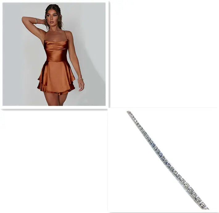 Sexy Suspender Skirt For Women Elegant Slim Strap Satin Backless Lace Up A-Line Short Dress Lady 
