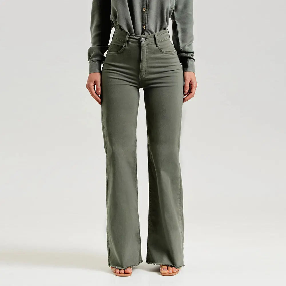 Slim Fit Stretch Fashion Solid Color Frayed Flared Pants 