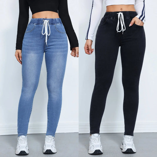 Women's Denim Trousers Autumn And Winter Drawstring Elastic Waist High Elastic Feet 