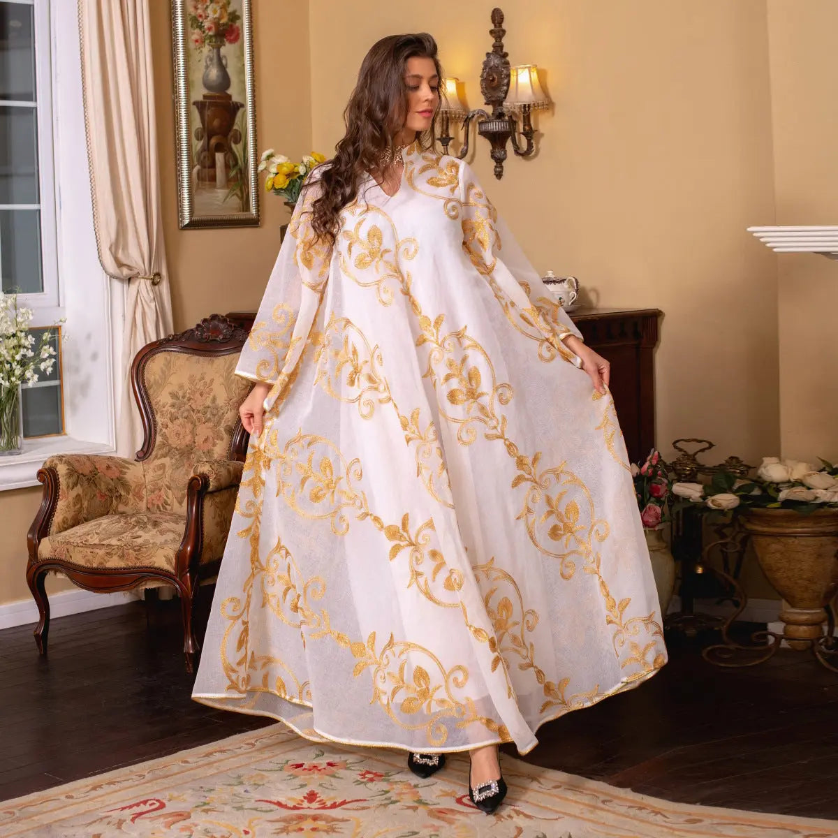 Arab Dubai Embroidered Mesh Dress European Muslim Party Dinner Fashion 