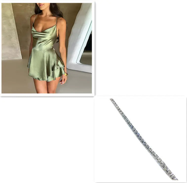 Sexy Suspender Skirt For Women Elegant Slim Strap Satin Backless Lace Up A-Line Short Dress Lady 