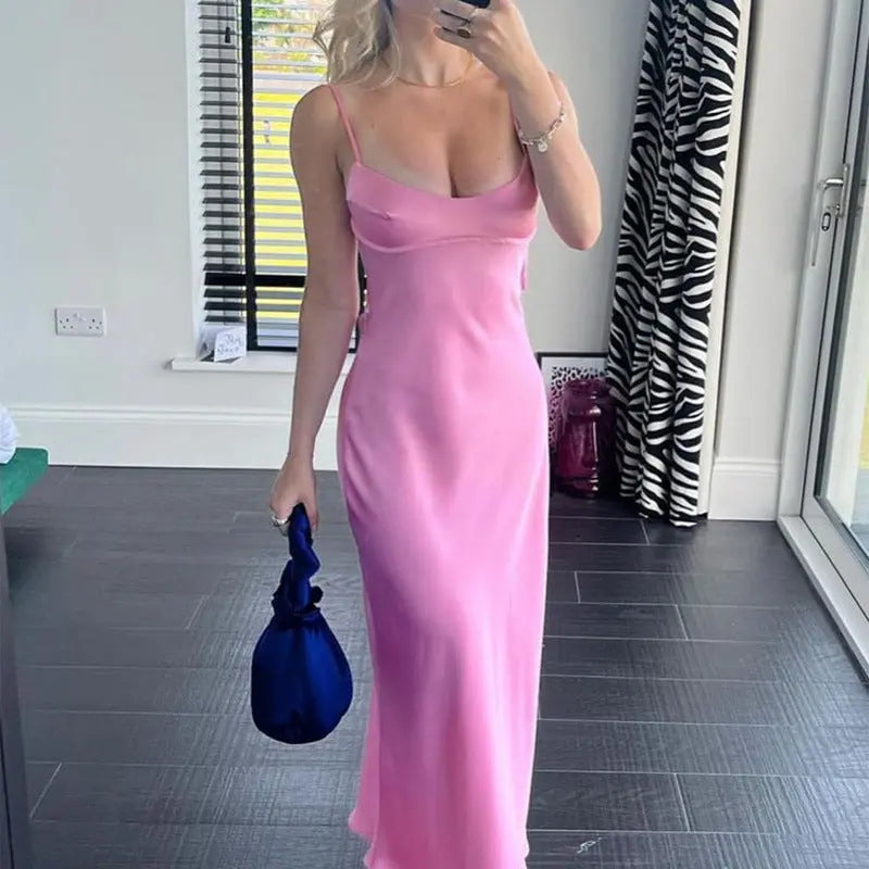 Women Camis Satin Long Dresses Elegant Sleeveless Slip Holiday Party Dresses Sexy Casual Backless Summer Dresses 