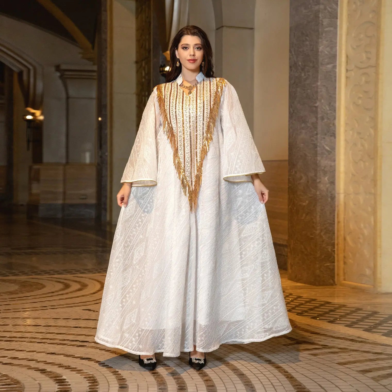 Festival Evening Dress Arabic Dubai Mesh Embroidered Sequins Robe Middle East 