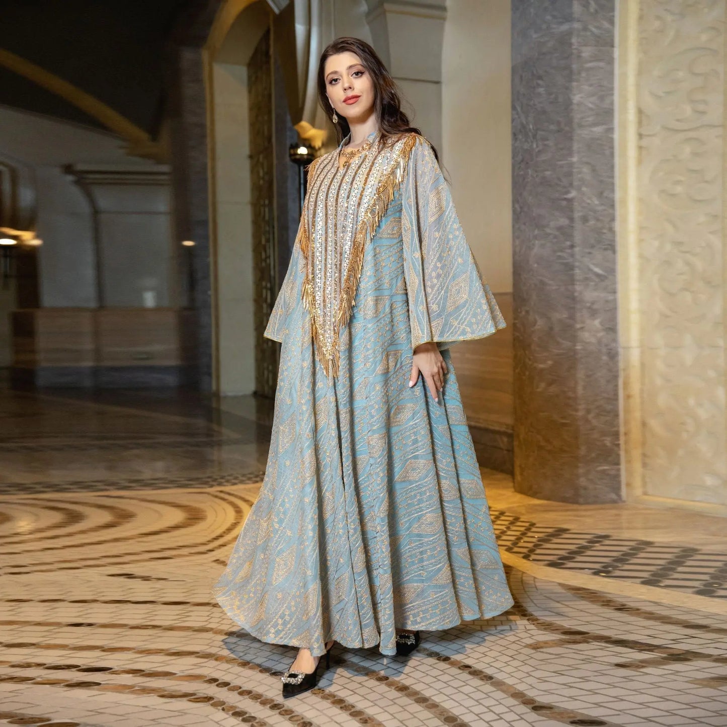 Festival Evening Dress Arabic Dubai Mesh Embroidered Sequins Robe Middle East 