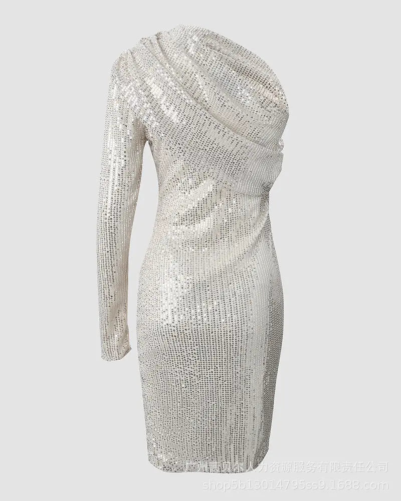 Silver One Shoulder Sequin Formal Dress 
