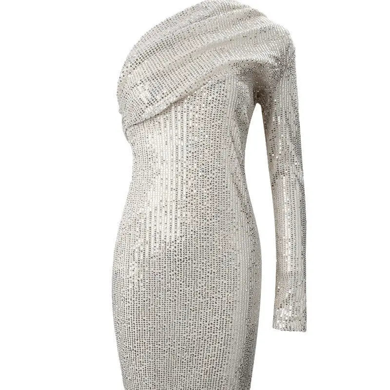 Silver One Shoulder Sequin Formal Dress 