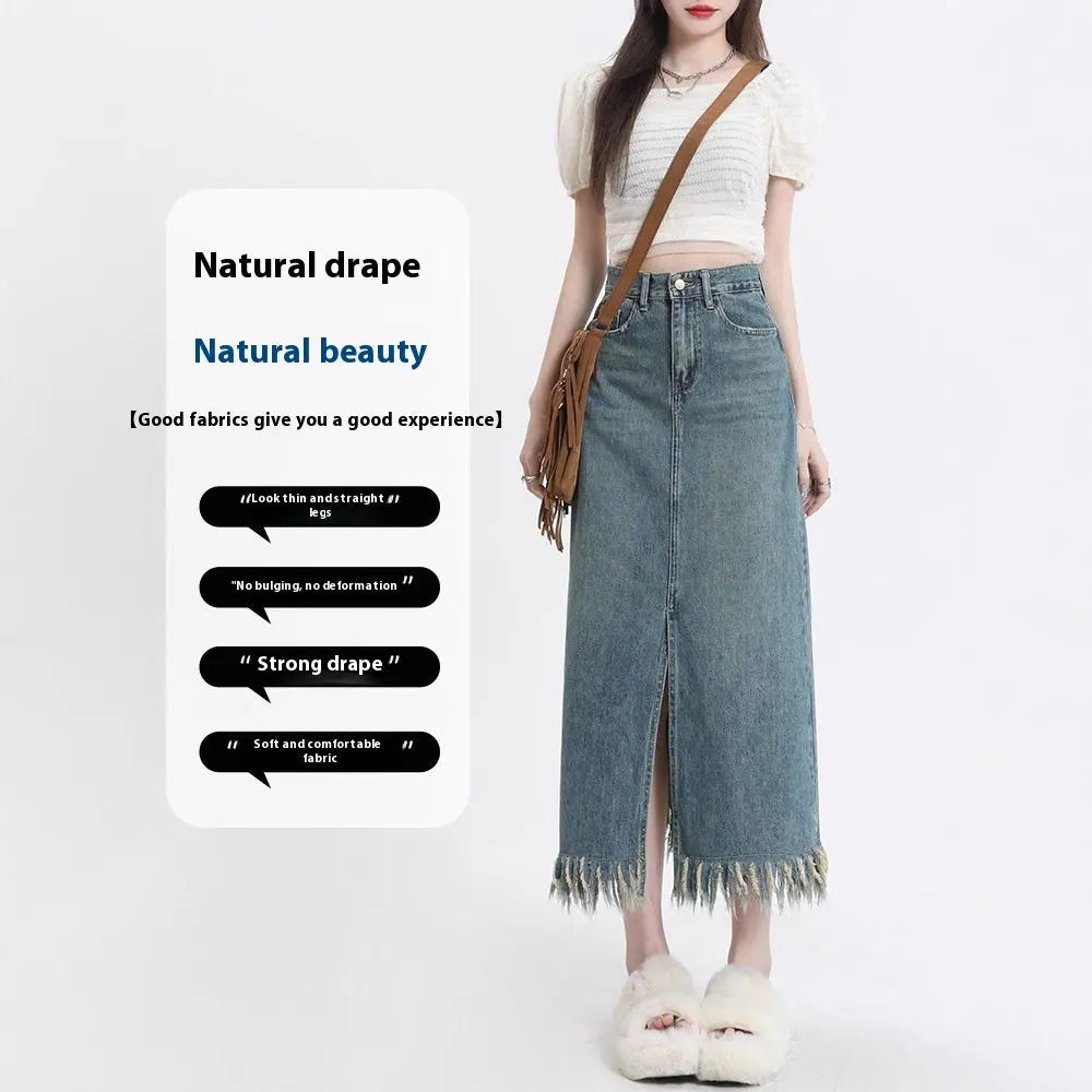 Retro Slit Denim Skirt Women's Tassel Mid-length Hip Skirt 