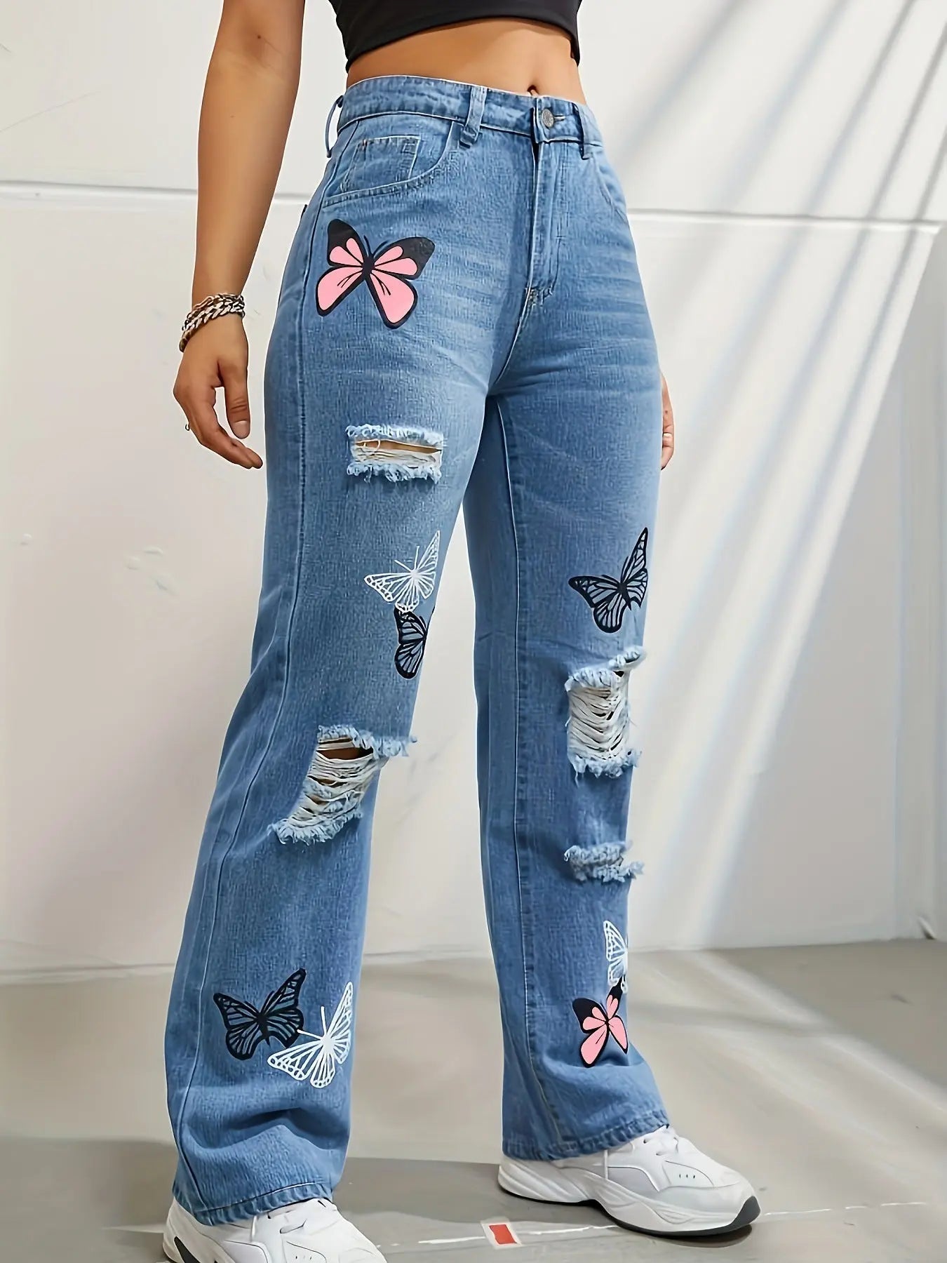 High Waisted Straight Leg Jeans For Women Trendy Butterfly Print Ripped Distressed Denim Pants 