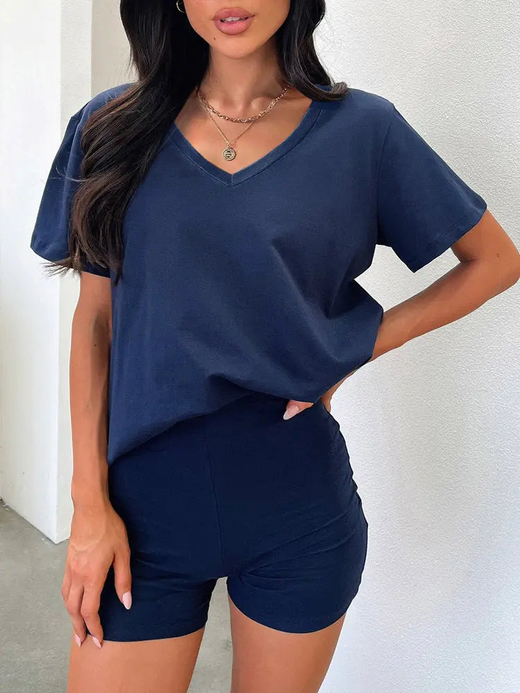European And American V-neck Casual Temperament Pure Color Fashion Suit 