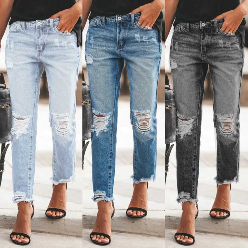 Women's Ripped Non-elastic Retro Fashion Jeans 