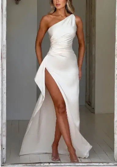 Sexy One-shoulder Backless Slit Dress Summer Elegant Slim-fit Solid Color Satin Dresses For Women 