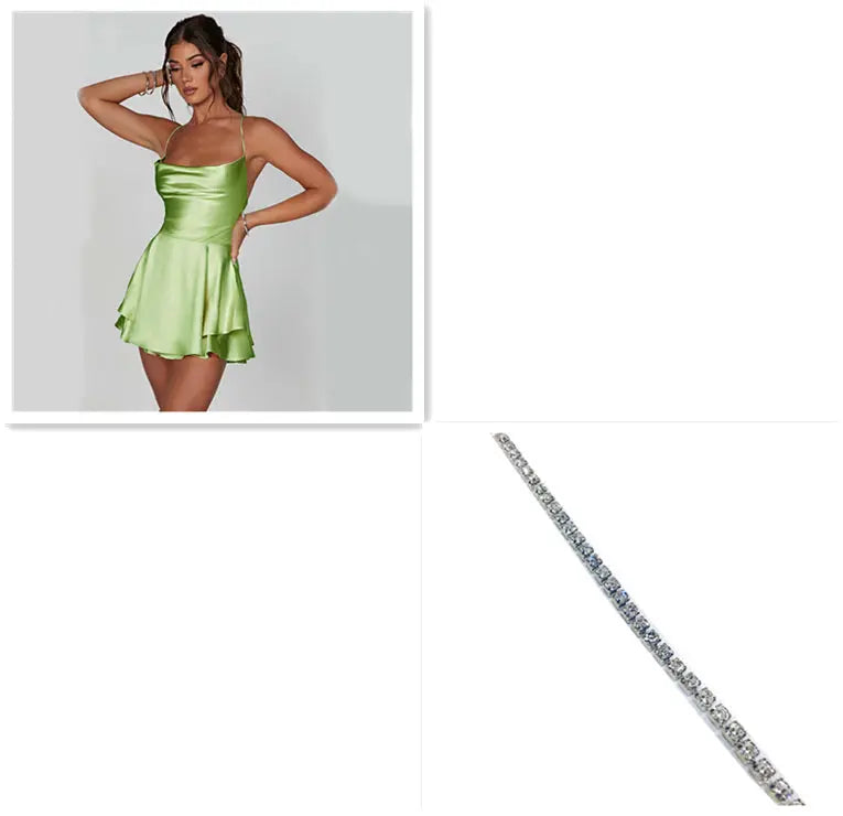 Sexy Suspender Skirt For Women Elegant Slim Strap Satin Backless Lace Up A-Line Short Dress Lady 
