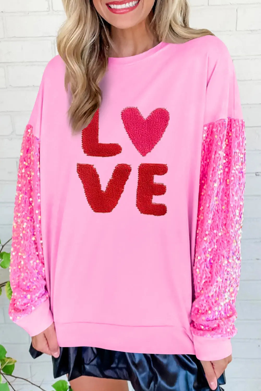 Pink Valentines LOVE Chenille Embroidered Sequin Sleeve Sweatshirt 