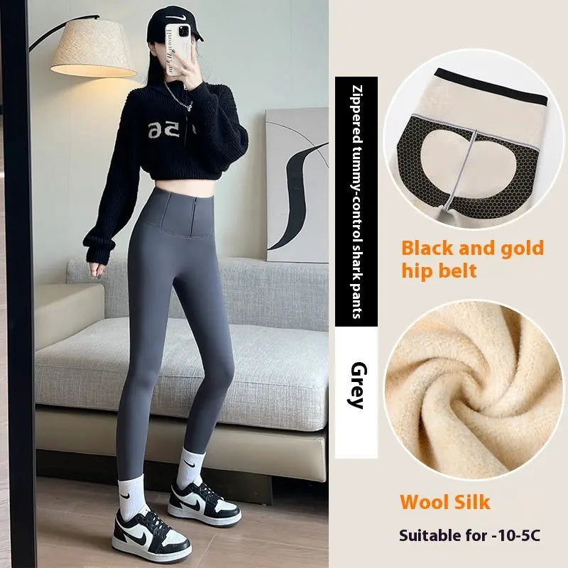 Belly-controlling Butt Lifting Leggings With Three-breasted Design Winter High Waist Slim Zippere Pants Warm Velvet And Thickened Trousers Women Clothing 