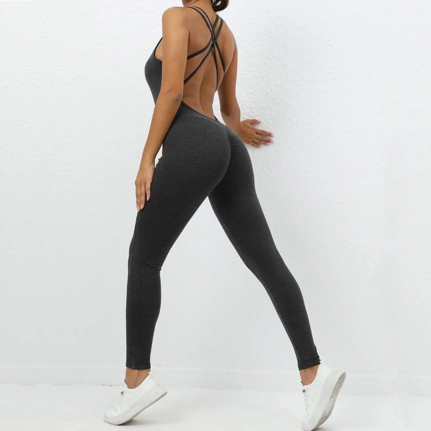 Yoga Jumpsuit With Cross-strap Back Design Quick-drying Tight-fitting Running Sports Fitness Pants 