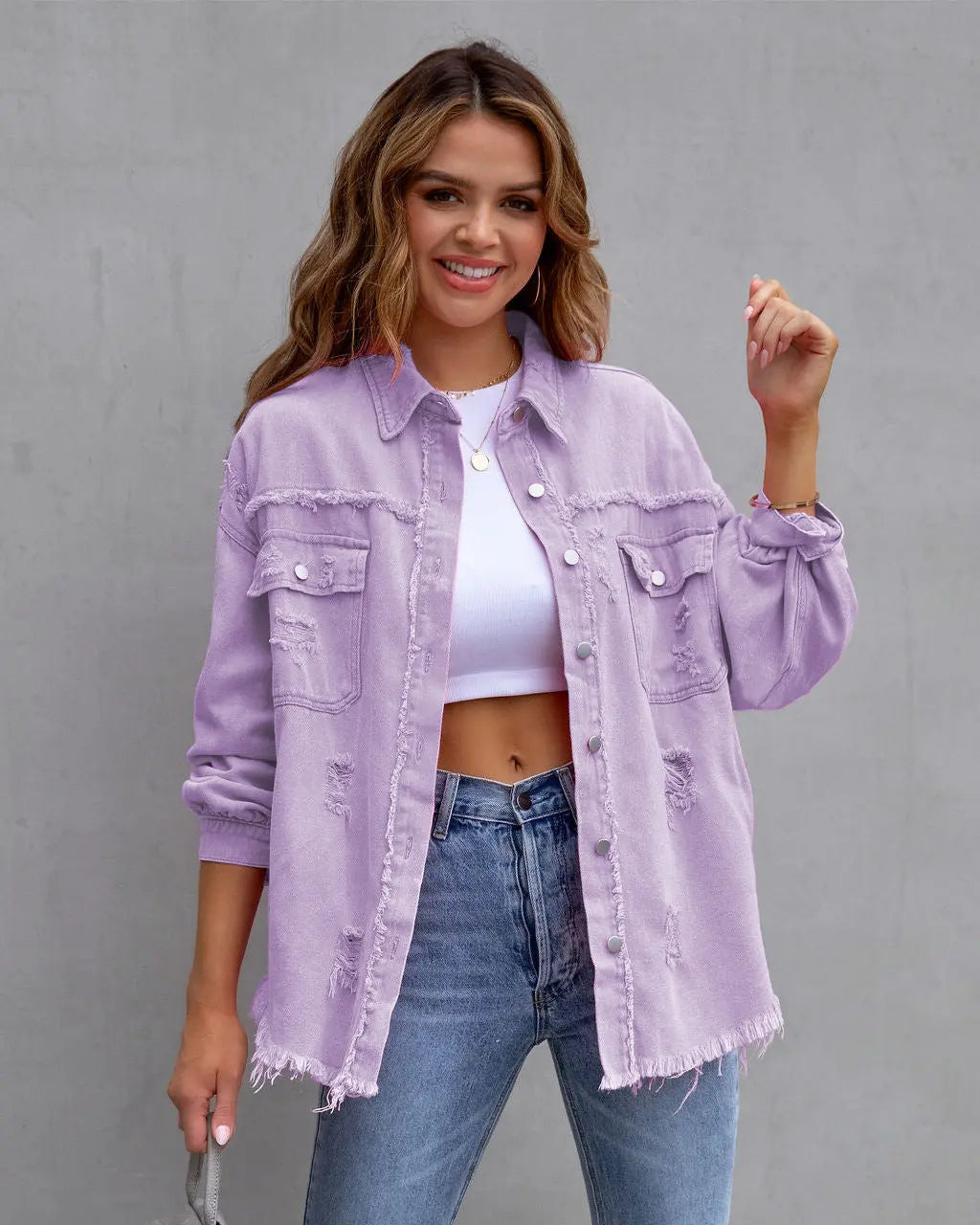 Fashion Ripped Shirt Jacket Female Autumn And Spring Casual Tops Womens Clothing 