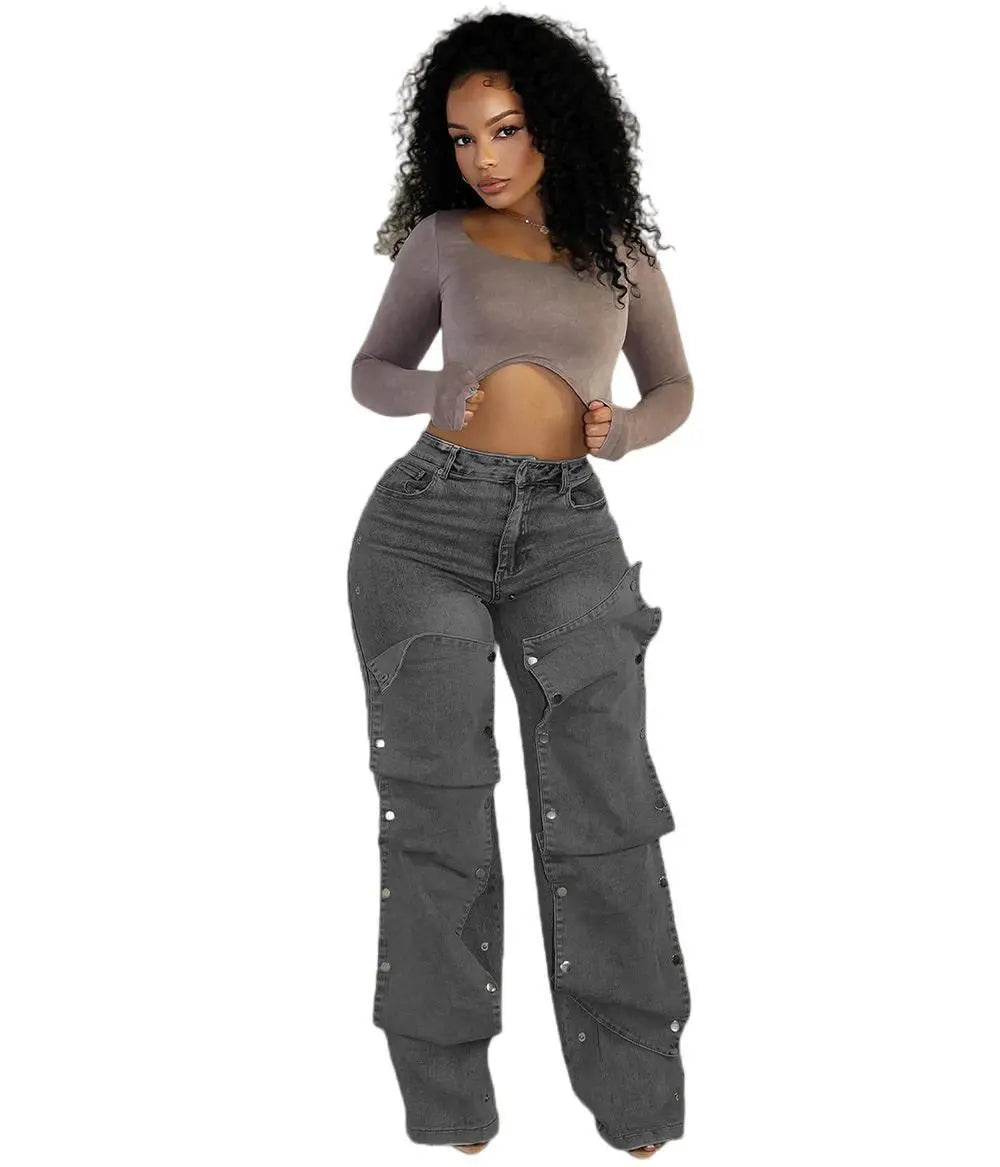 Women's Button High Waist Straight Jeans 