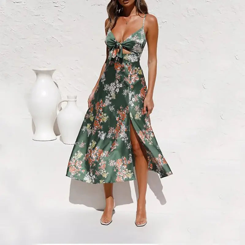 Flower Print Split Suspender Dress With Hollow Bowknot Design Ins Fashion Sleeveless Beach Dresses Summer Women's Clothing 