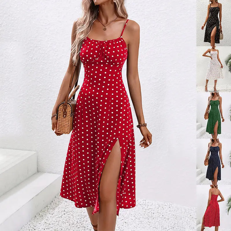 New Polka Dot Print Suspender Dress Summer Sexy Slit Long Dresses For Womens Clothing 