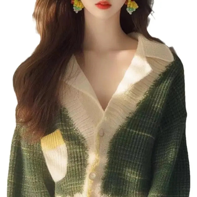 V-neck Knitted Long Sleeves Cardigan Green Sweater 