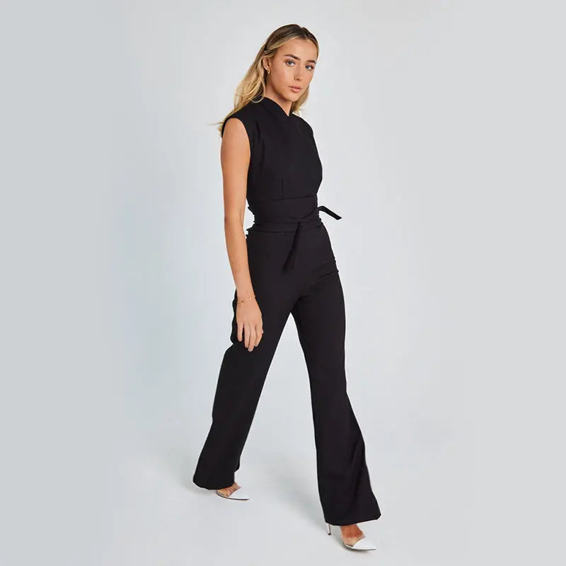 Fashion Elegant Long Sleeveless Jumpsuit Summer V-neck Casual Wide Leg Long Overalls Clothing For Women 