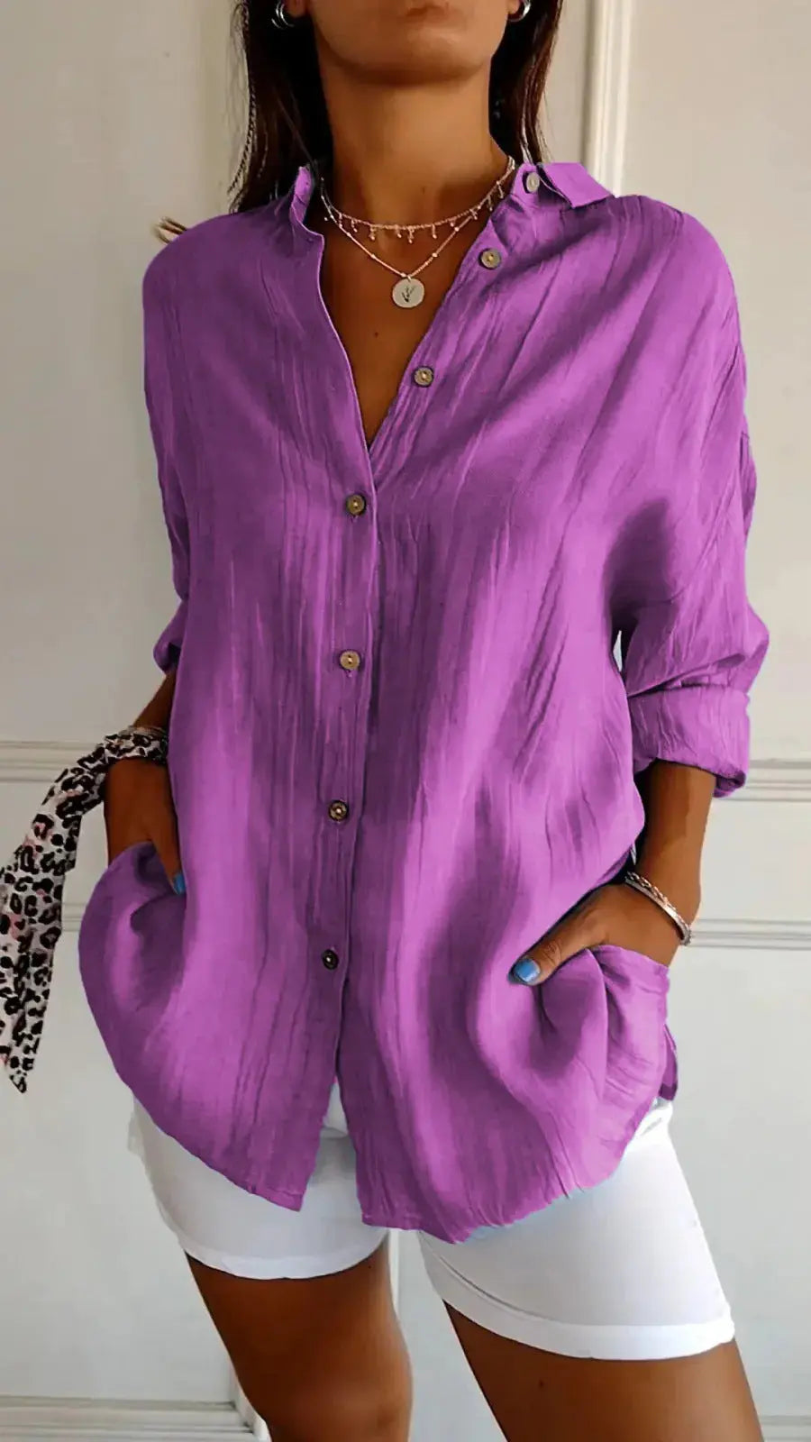 Lapel Long Sleeve Shirt Women's Single-breasted Pleated Shirt 