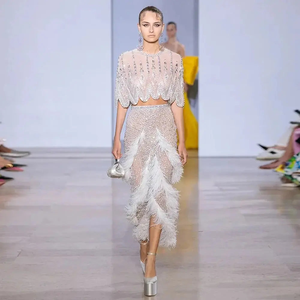 European And American Silver Nude Slim-fit Feather Shawl Host Performance Ladies' Evening Dress 