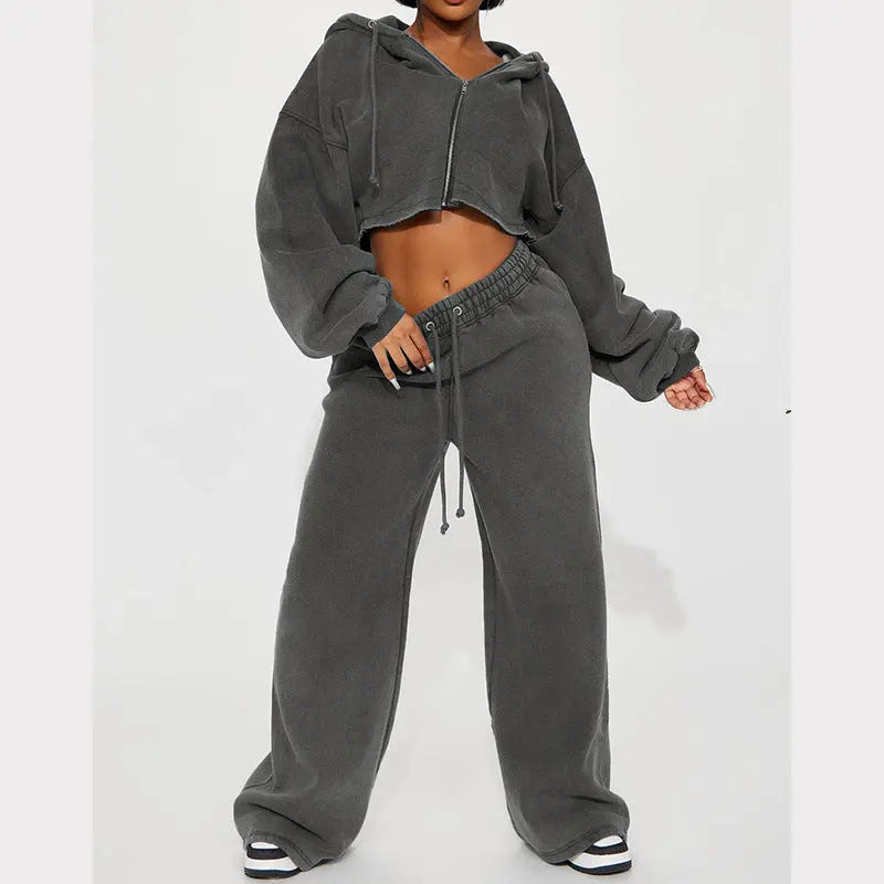 European And American Hooded Front Cardigan Zipper Sweater Wide Leg Loose Trousers Suit 