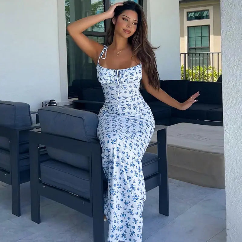 Fashion Flowers Print Suspender Long Dress Summer Lace-up Slim Backless Dresses For Women 
