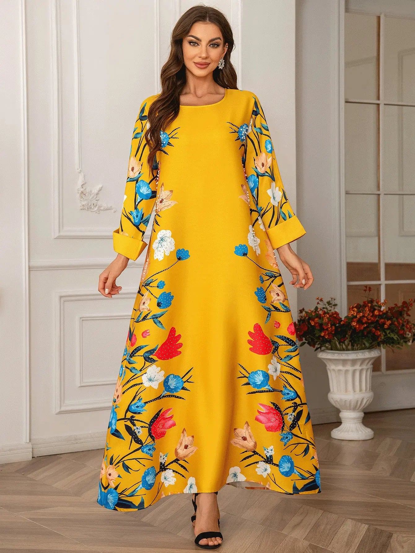 Dubai Fashion Printed Hot Diamond Women's Robe Abaya Muslim Dress 